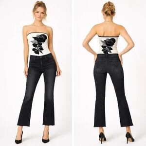 MOTHER The Hustler Ankle Fray Jeans Night in Paris Flare Size 29 Dark Wash